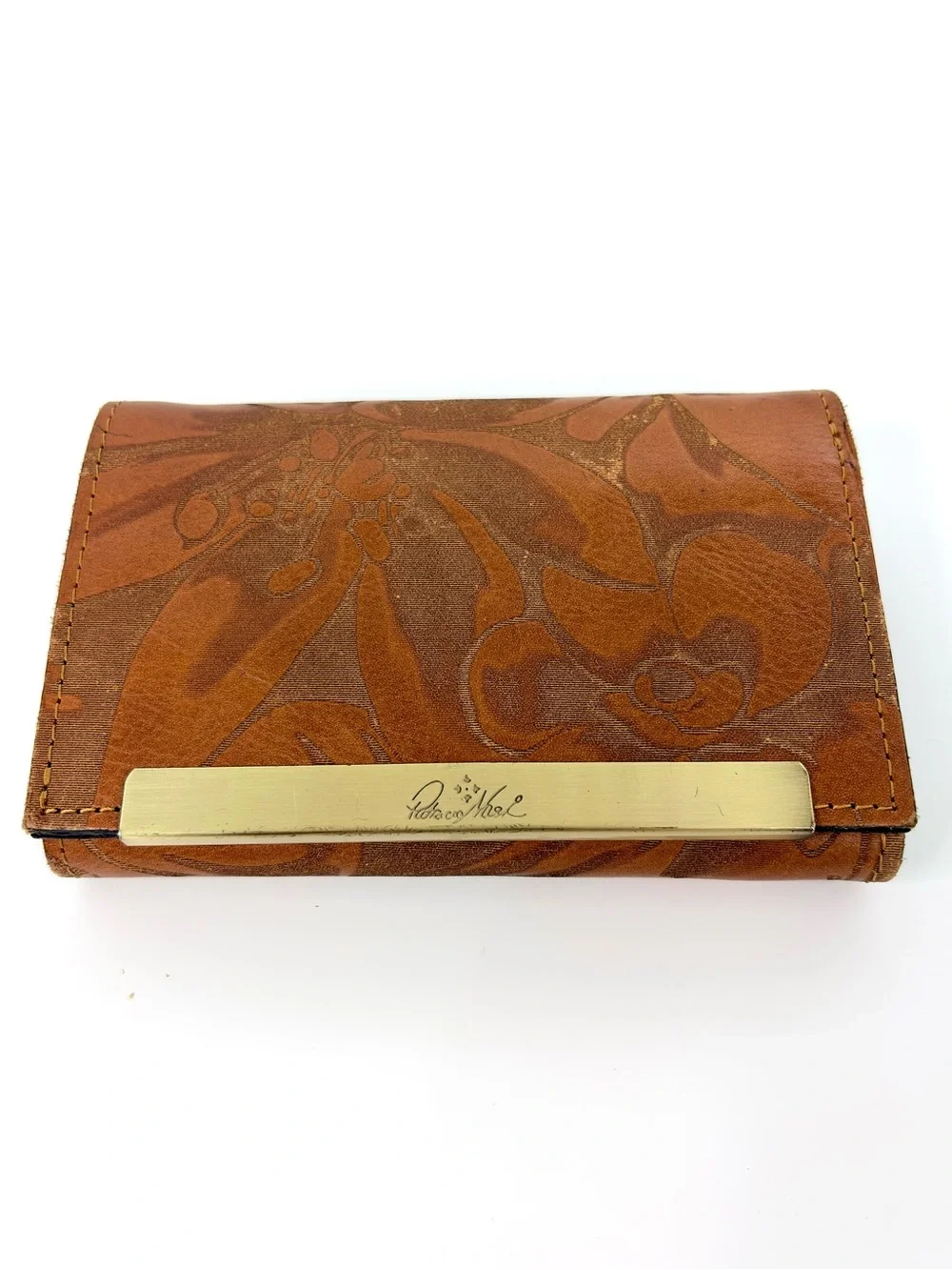 PATRICIA NASH CAMETTI Leather Trifold Wallet Clutch brown tan tooled embossed